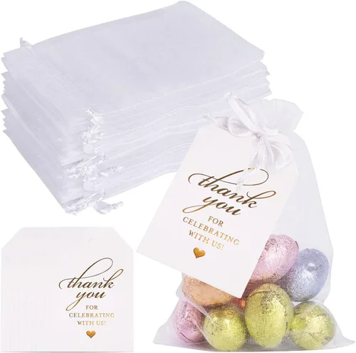 Juego de 60 bolsas de organza blanca, 60 bolsas de regalo con cordón y 60 etiquetas de agradecimiento y bolsas de malla de caramelo para Navidad,