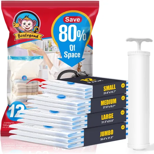 BoxLegend Bolsas de almacenamiento al vacío con bomba de mano grande, 12 combinados (3 jumbo, 3 grandes, 3 medianas, 3 pequeñas) bolsas gruesas de
