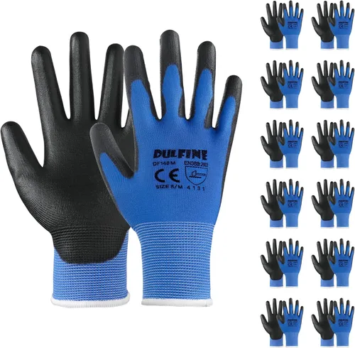 Miniatura 10 de DULFINE Guantes de trabajo de seguridad con revestimiento de poliuretano para hombres y mujeres - 12 pares, guante de punto sin costuras negro
