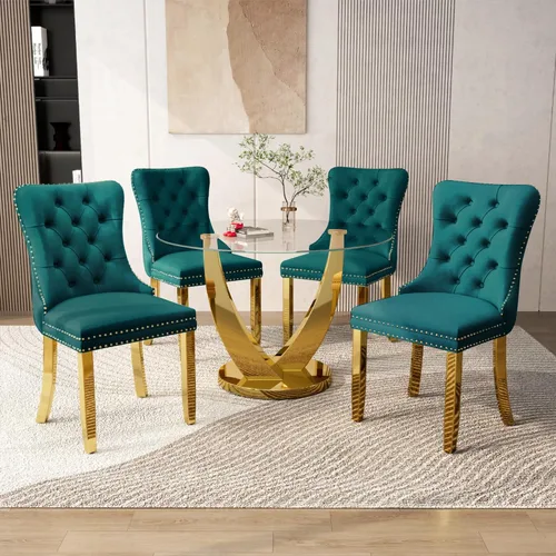 Miniatura 23 de Juego de mesa de comedor redonda de vidrio de 38.9 pulgadas para 4, mesa de cocina redonda dorada con 4 sillas decorativas de terciopelo tapizadas