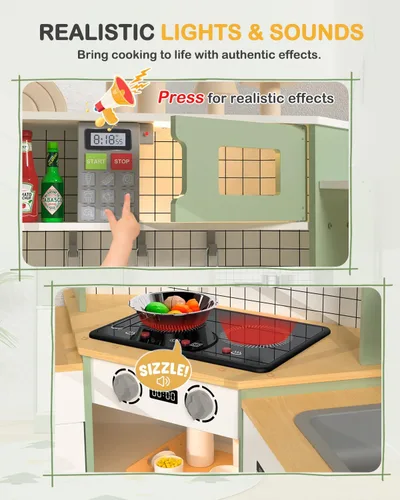 Miniatura 3 de Babytronic Juego de Cocina de Esquina de Madera para Niños con Luces y Sonidos, Juego de Cocina de Simulación con Estufa, Microondas, Máquina