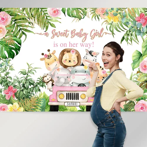 Miniatura 4 de Avezano Telón de fondo rosa para baby shower de safari para niñas, animales de la selva, decoración de baby shower, hojas tropicales, suministros