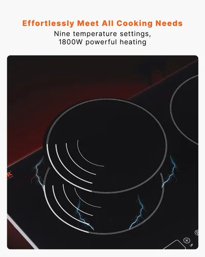 Miniatura 3 de VEVOR Placa de inducción, quemador eléctrico de encimera de 1800 W con 9 ajustes de potencia, estufa de control táctil de 2 quemadores, placa