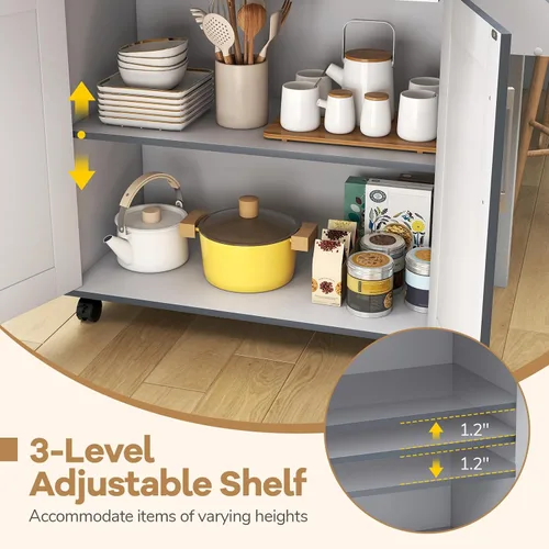 Miniatura 5 de HAPPYGRILL Carrito de cocina con ruedas para isla de cocina, carrito de almacenamiento de cocina con estante ajustable, cajón, estante