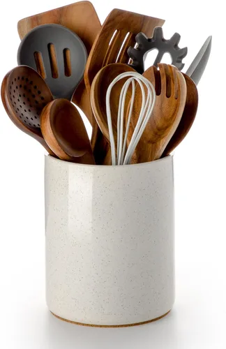 Nucookery Soporte para utensilios, soporte de cerámica de 6.4 pulgadas para encimera con fondo de corcho de protección, decoración vintage de cocina