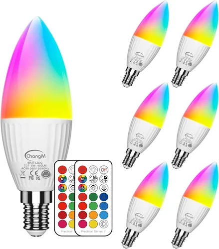 Miniatura 9 de Bombillas LED E12 de 5 W, juego de 6 bombillas de vela que cambian de color, base pequeña B11 equivalente a 40 W, 560 lúmenes, RGB + 2700 K blanco