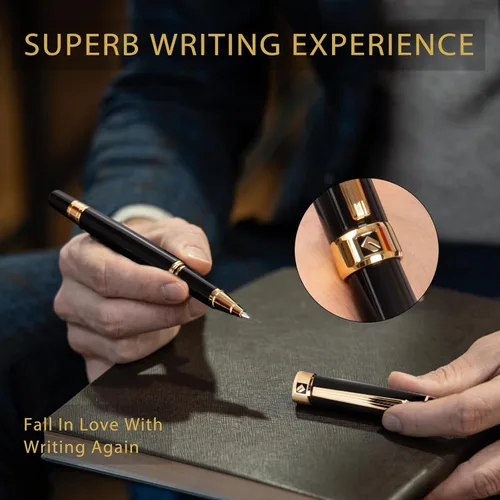Miniatura 4 de KEYZOR Bolígrafo de escritura de lujo con repuesto Schmidt,Pluma de metal de borde de oro de 24 quilates,Set de regalo de pluma de lujo para hombres