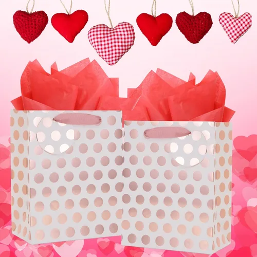 Miniatura 7 de UNIQOOO 12 bolsas de regalo de papel de aluminio de oro rosa a granel, lunares rosas con etiqueta, bolsas de papel kraft de reciclaje duraderas