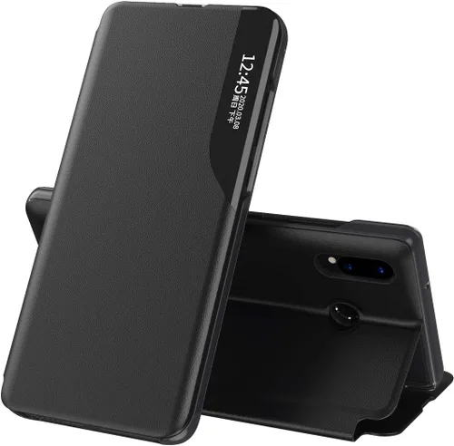 Funda para Huawei P30 Lite, Clear View - Funda de piel sintética con función atril, funda protectora a prueba de golpes, color negro