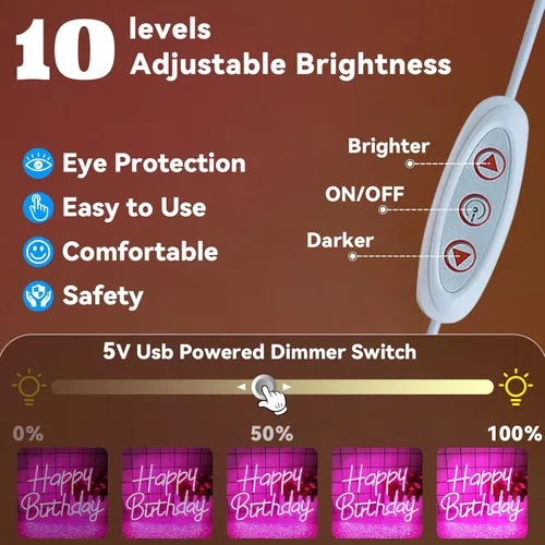 Miniatura 4 de Letreros de neón de feliz cumpleaños para decoración de fiesta, luz de neón de cumpleaños LED regulable para decoración de pared, letreros de neón