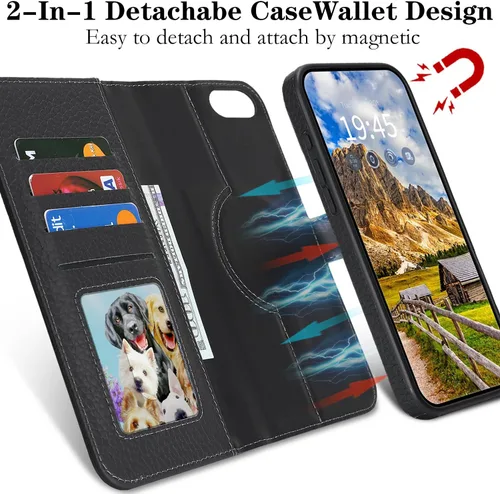 Miniatura 5 de Funda desmontable de cuero genuino para iPhone SE 2020/SE 2022/7/8, funda magnética 2 en 1 extraíble, soporte de carga Magsafe, funda protectora