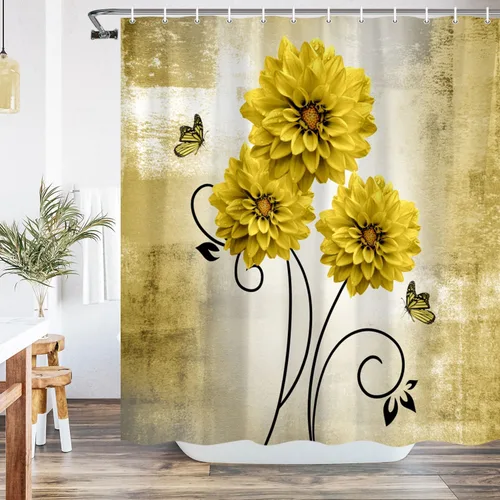 Cortina de ducha con diseño floral, flores de dalia amarillas y mariposas, cortinas de ducha para baño, juego de cortina de ducha rústica con