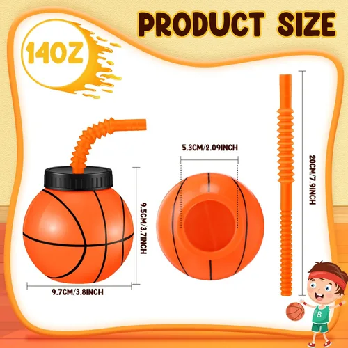 Miniatura 3 de Nuanchu 12 juegos de tazas de baloncesto de 14 onzas con pajitas y tapas, regalos de fiesta de baloncesto de plástico a granel reutilizables