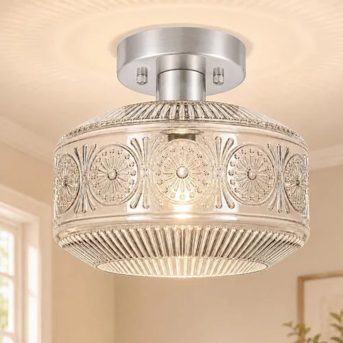 Miniatura 20 de DSMJFU - Lámpara de techo semiempotrada negra, lámpara de techo pequeña vintage, accesorio de iluminación de pasillo de vidrio blanco grueso, luz