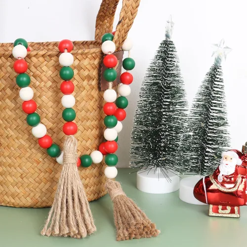 Miniatura 4 de Guirnalda de cuentas de madera de Navidad, cuentas de granja de 39 pulgadas con borlas, bandeja escalonada, decoración para colgar en la pared