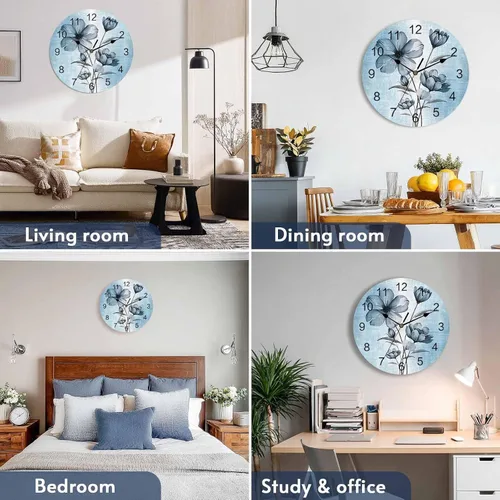 Miniatura 5 de Reloj de pared de flores azules, 10 pulgadas, silencioso, sin tictac, estilo retro, funciona con pilas, elegante reloj floral degradado
