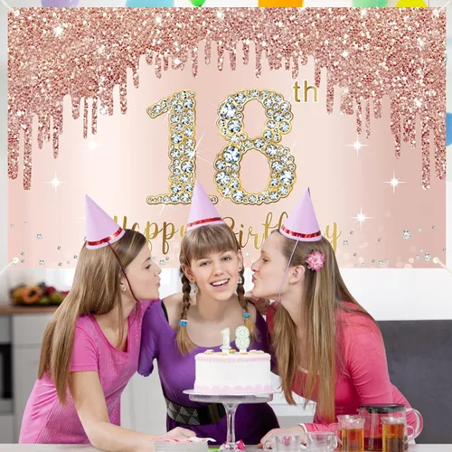Miniatura 5 de Cartel de 18 cumpleaños con texto en inglés «Sweet 18th Birthday» para niñas, suministros de cartel de fiesta de cumpleaños de 18 años de color rosa