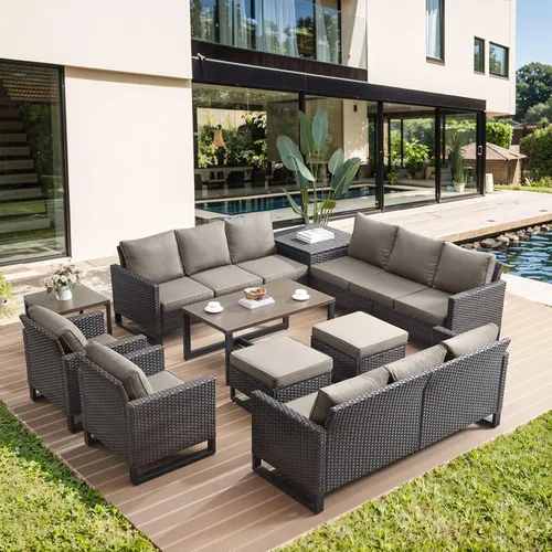 Miniatura 110 de HUMMUH Juego de 2 sillas giratorias para patio, mimbre de polietileno, para exteriores, bistró, porche, balcón, muebles con cojines Gris/gris