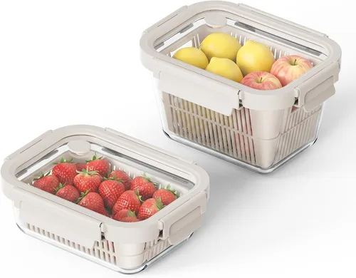 Miniatura 10 de GENICOOK Contenedores de almacenamiento de vidrio para refrigerador, paquete de 2 – Recipientes herméticos para frutas y verduras con coladores