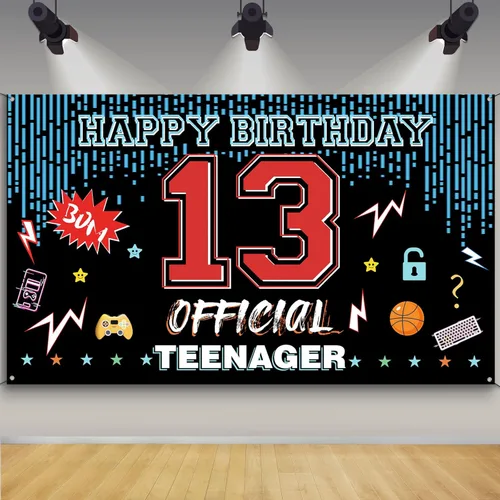 Cartel oficial de telón de fondo para puerta de cumpleaños de 13 años, decoraciones de feliz cumpleaños para niños y niñas, rojo y azul de 13 años,