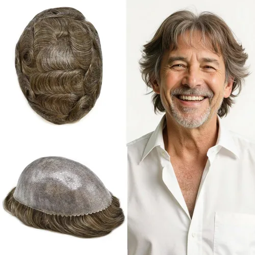 Miniatura 50 de Toupee - Sistema de reemplazo de cabello humano real de 0.004 in para hombres, con inyección, poliuretano duradero, piel fina, línea capilar
