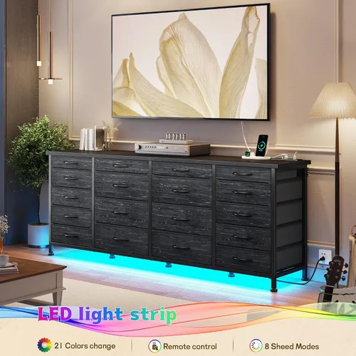 Miniatura 6 de EnHomee - Soporte de TV negro de 63 pulgadas de ancho para sala de estar, 18 cajones, LED y carga Long Dresser for 65"-75" TV, Deep Drawer