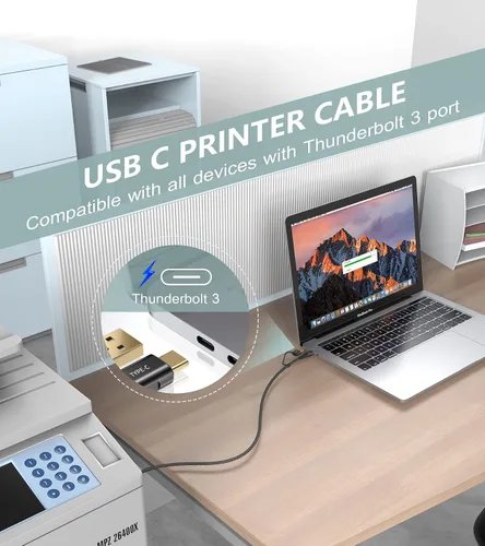 Miniatura 6 de Cable de impresora USB-A/C a USB-B 2 en 1 [paquete de 2, 6.6 pies] USB C MIDI cable trenzado de nailon de alta velocidad para MacBook Pro/Air, Negro