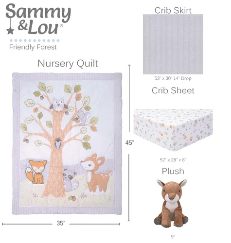 Miniatura 3 de Sammy & Lou Friendly Forest - Juego de ropa de cama para cuna de bebé de 4 piezas, incluye edredón, sábanas bajeras para cuna neutrales, falda