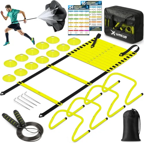Miniatura 11 de X-UMEUS Agility Ladder Speed Training Equipment Set-20ft Agility Ladder,12 Soccer Cones,4 Hurdles, Jump Rope, Running Parachute Basketball Football