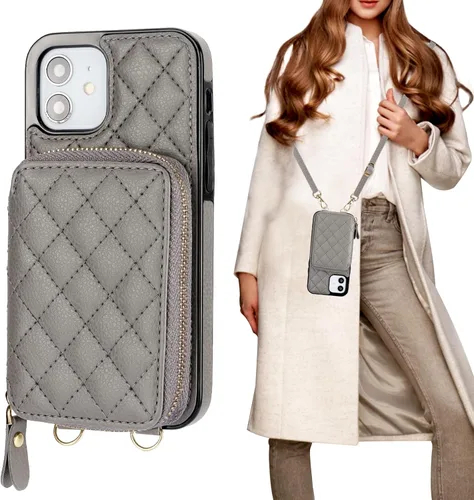 Miniatura 8 de Bocasal Funda tipo cartera cruzada para iPhone 12/12 Pro, bloqueo RFID, de piel sintética, con cremallera, bolso cartera con tapa plegable, funda