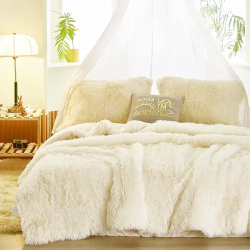 Miniatura 3 de Juego de edredón de lujo de pelo sintético lanudo tamaño matrimonial/queen, edredón reversible de felpa y sherpa, color beige, juego de ropa de cama