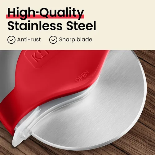 Miniatura 6 de Rueda para cortar pizza con protección para cuchilla Kitchy, rebanador súper afilado y fácil de limpiar, de acero inoxidable, Rojo