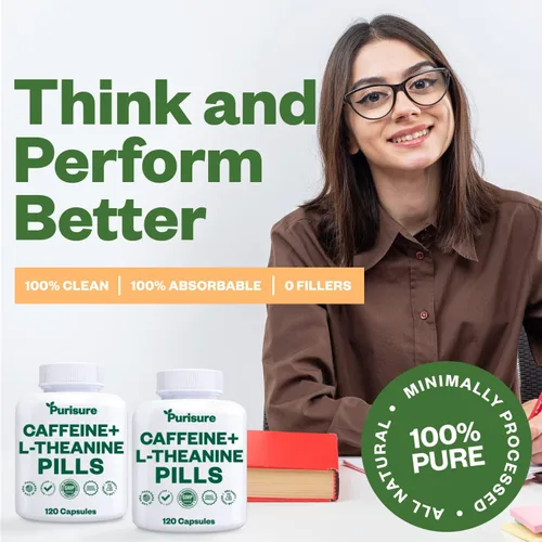 Miniatura 4 de Purisure Cápsulas de teanina de cafeína, píldoras de cafeína 100 mg L teanina para pre entrenamiento, energía y claridad, píldoras energéticas