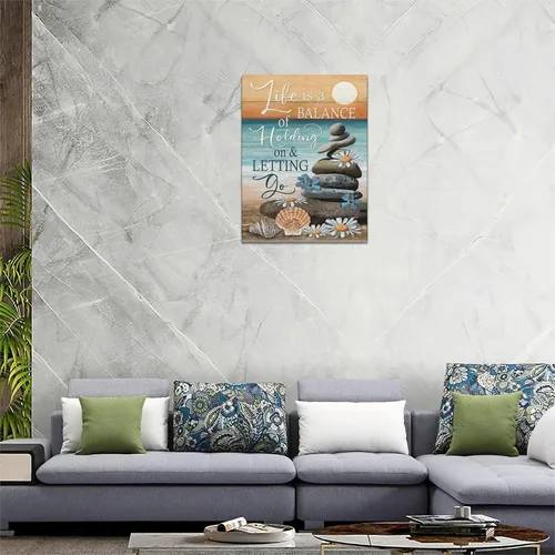 Miniatura 6 de Lienzo inspirador de playa costera, arte para pared, diseño de piedras zen, puesta de sol y océano, decoración de pared, citas de vida, impresiones