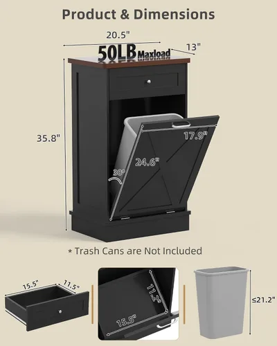 Miniatura 2 de Betterhood - Gabinete de basura basculante de 10 galones, de madera, independiente, clasificador de ropa, con cajón oculto, gabinete de basura Negro