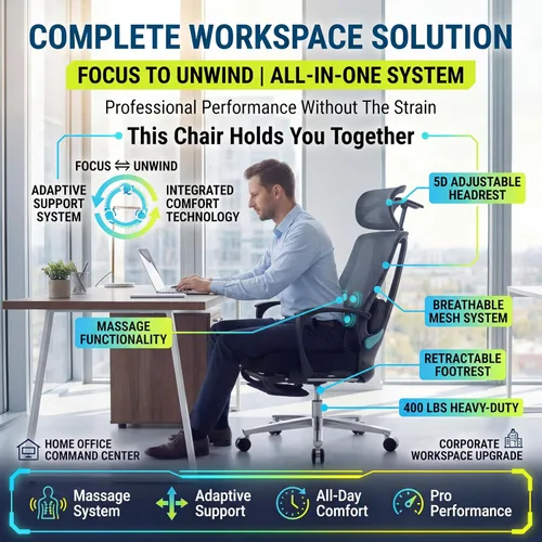 Miniatura 8 de Silla de oficina ergonómica con reposapiés y masajeador lumbar ajustable, respaldo alto, grande y alto, silla de escritorio con reposacabezas 5D