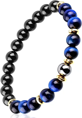 Pulsera de triple protección de buena suerte, para hombres y mujeres, ojo de tigre azul, obsidiana negra, hematita, riqueza, prosperidad, felicidad,