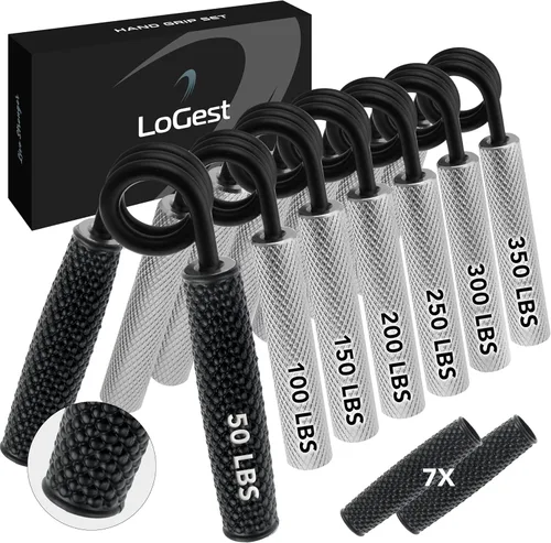 Logest - Juego de 7 empuñaduras de metal para manos, 50-350 libras, 7 niveles antideslizantes, fortalecedor de agarre resistente con caja de regalo,