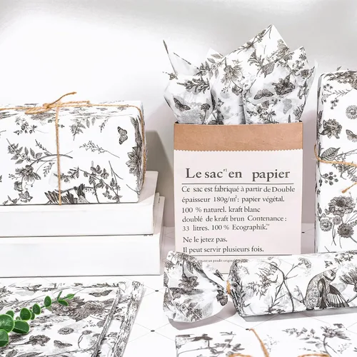 Miniatura 4 de Whaline 100 hojas de papel de seda floral negro vintage chinoiserie Toile flor pájaro mariposa papel de regalo para bricolaje, manualidades