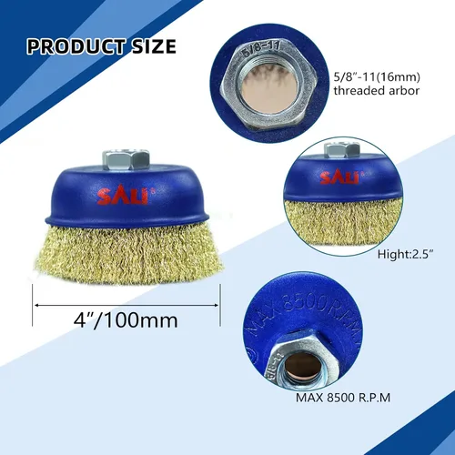 Miniatura 2 de SALI - Juego de 2 cepillos de taza de alambre, cepillo de taza crimpado grueso de 4 pulgadas para amoladoras, con eje de 5/8 pulgadas para limpieza