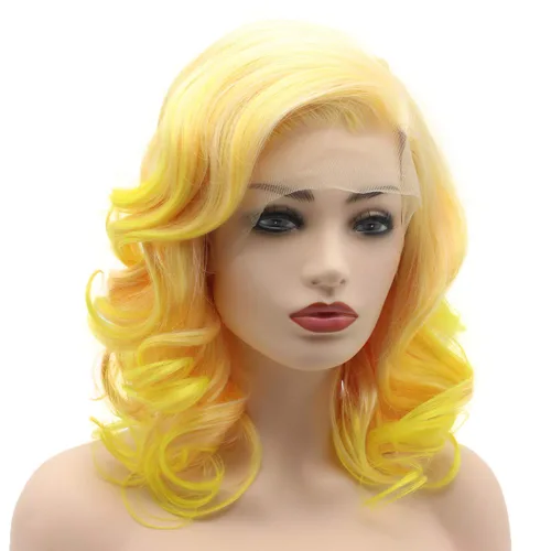 Miniatura 2 de Cabello ondulado longitud del hombro 16 pulgadas dos tonos raíz rosa dorado degradado densidad alta realista sintético encaje frente pelucas