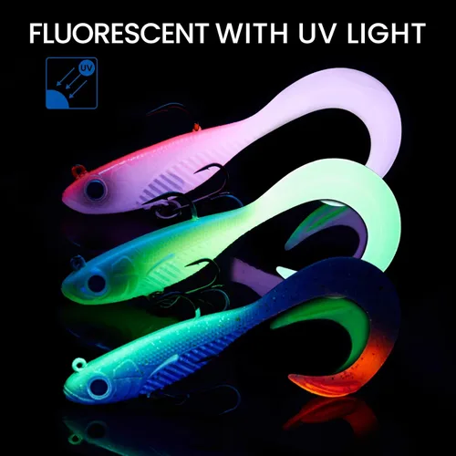 Miniatura 5 de TRUSCEND Duramax TPE Soft Fishing Lures with BKK Hooks, Easy Catch Curly & T-Tail for Trembly Sinking & Vibrating Swim, UV or Glow Effect for All