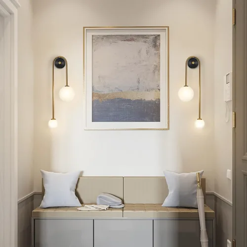 Miniatura 8 de Lámpara de pared moderna de mediados de siglo con forma de globo para interiores, 2 luces, color negro y dorado, con vidrio de leche, lámparas