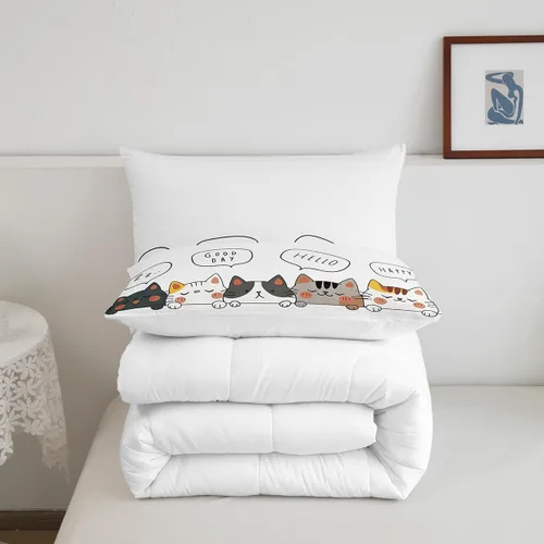 Miniatura 91 de Erosebridal Juego de ropa de cama para niños, tamaño individual, diseño de gatos de dibujos animados, para niñas, niños y adolescentes, edredón