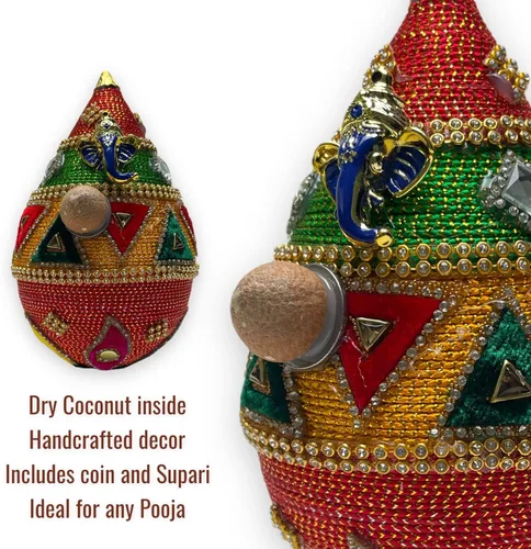 Miniatura 4 de LOVENSPIRE Shriphal Mangal Kalash Coco decorado para boda Shagun Decorativo Nariyal Mangal Nariyal Kalash Set Boda Pooja Nariyal Decorado Nariyal