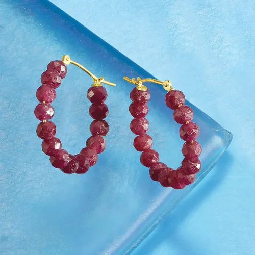 Miniatura 4 de Ross-Simons Pendientes de aro con cuentas de rubí de 13,00 qt t en oro amarillo de 14 quilates, Gema, Rubí