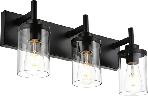 Miniatura 9 de Lámpara de tocador de baño sobre espejo, lámparas de pared de baño negras, iluminación moderna con pantalla de vidrio transparente, aplique de pared