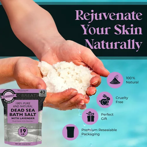 Miniatura 4 de Aromasong Sal pura del mar muerto para remojar con lavanda 100% natural, 19 libras, sal de baño de spa de grano fino, exfoliante de lavado corporal