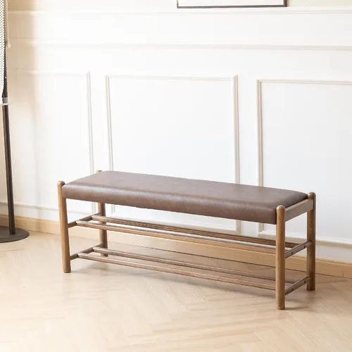 Miniatura 8 de Banco de madera maciza para entrada con almacenamiento para zapatos, diseño rústico en roble y tejido, 39.4 pulgadas de largo, asiento para sala