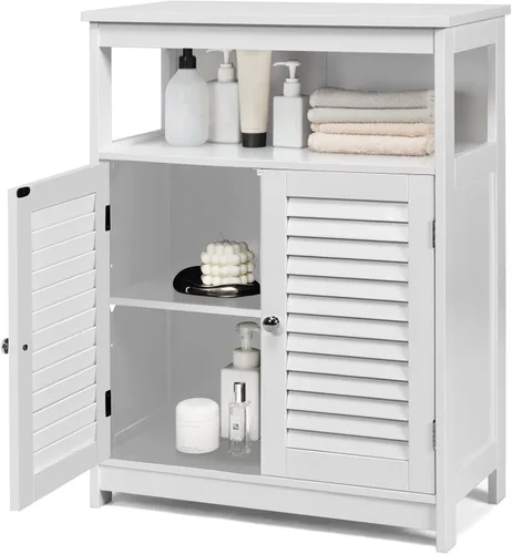 Miniatura 11 de COSTWAY Armario de almacenamiento para baño, organizador de almacenamiento lateral de madera con puertas de rejilla y estante extraíble, gabinete